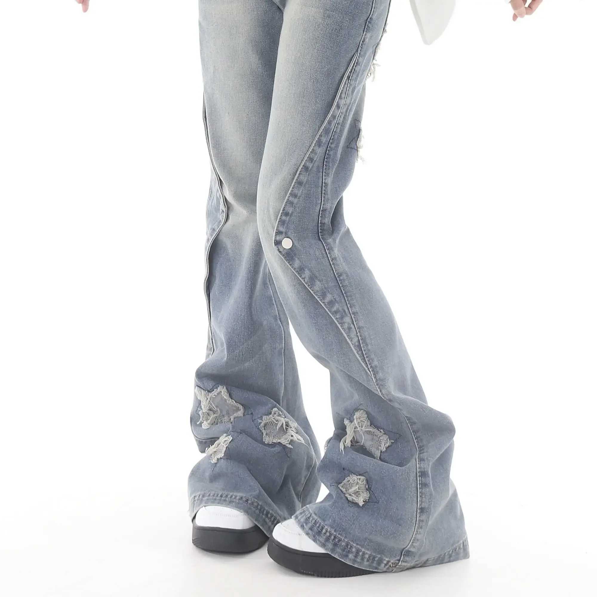 Women Blue Y2k Star Flare Jeans Vintage Cowboy Pants Harajuku Denim Trousers 90s Streetwear 2000s Trashy Clothes 2024 M260310