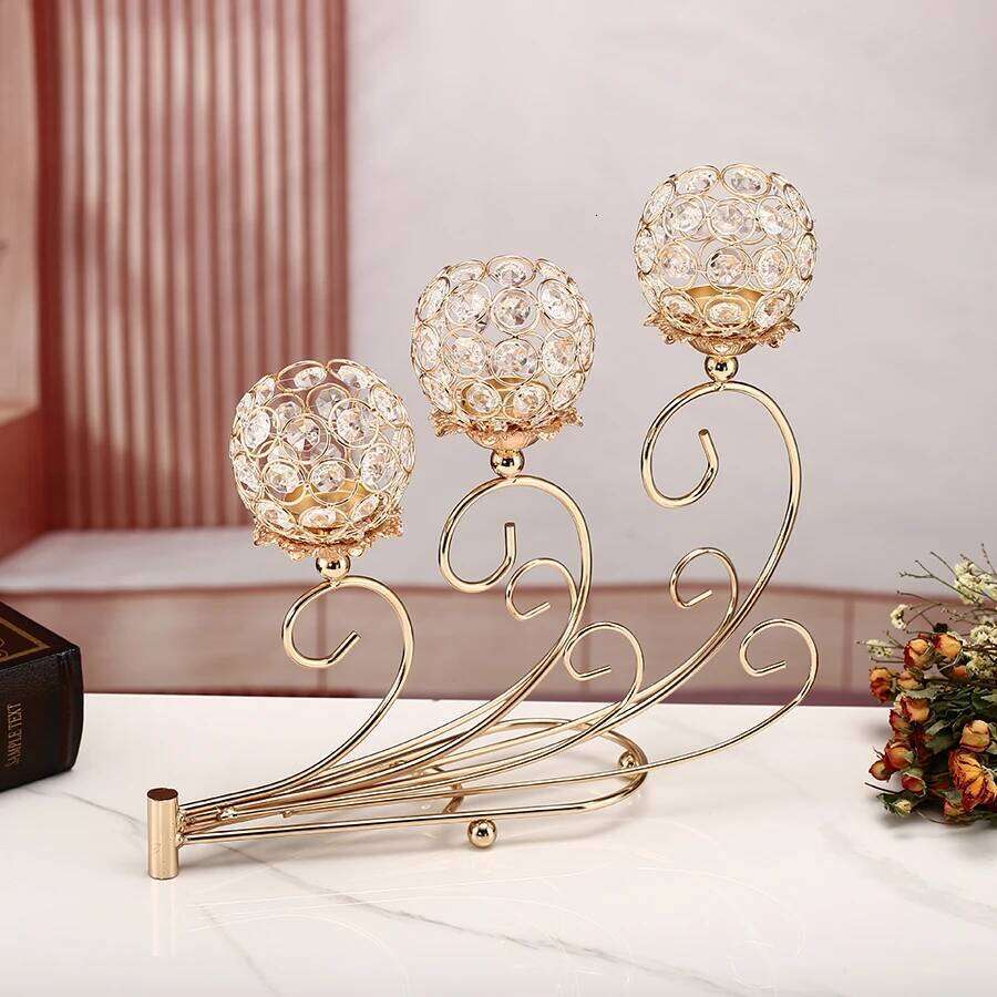 1pc 3 Arms Golden Metal Votive Candle Holder Candelabra Flower Vase, Vintage Candlestick for Table Centerpiece H260310