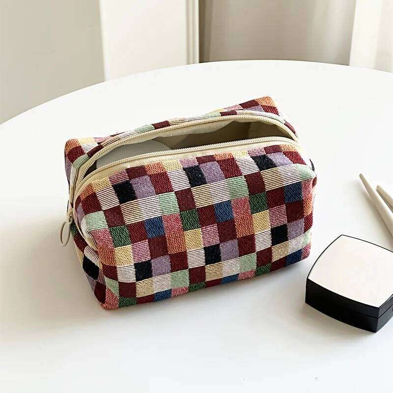 Retro Plaid Makeup Bag with Mirror, Double Layer Chinese Design Cosmetic Case, Women Travel Organizer for Skincare Essentials XJ260310