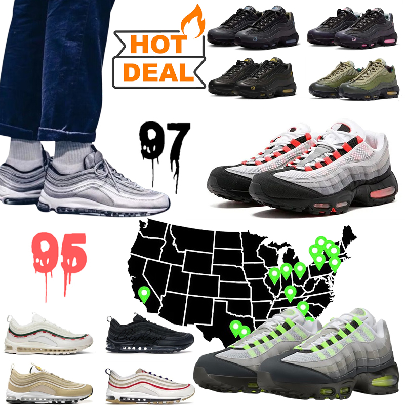 Mens 95s 95 Running Shoes Womens 97 97s Sneakers Designer Trainers Triple Black White Blue Cork Metallic Silver Orange Ghost Picante Red Outdoor Sport Shoes