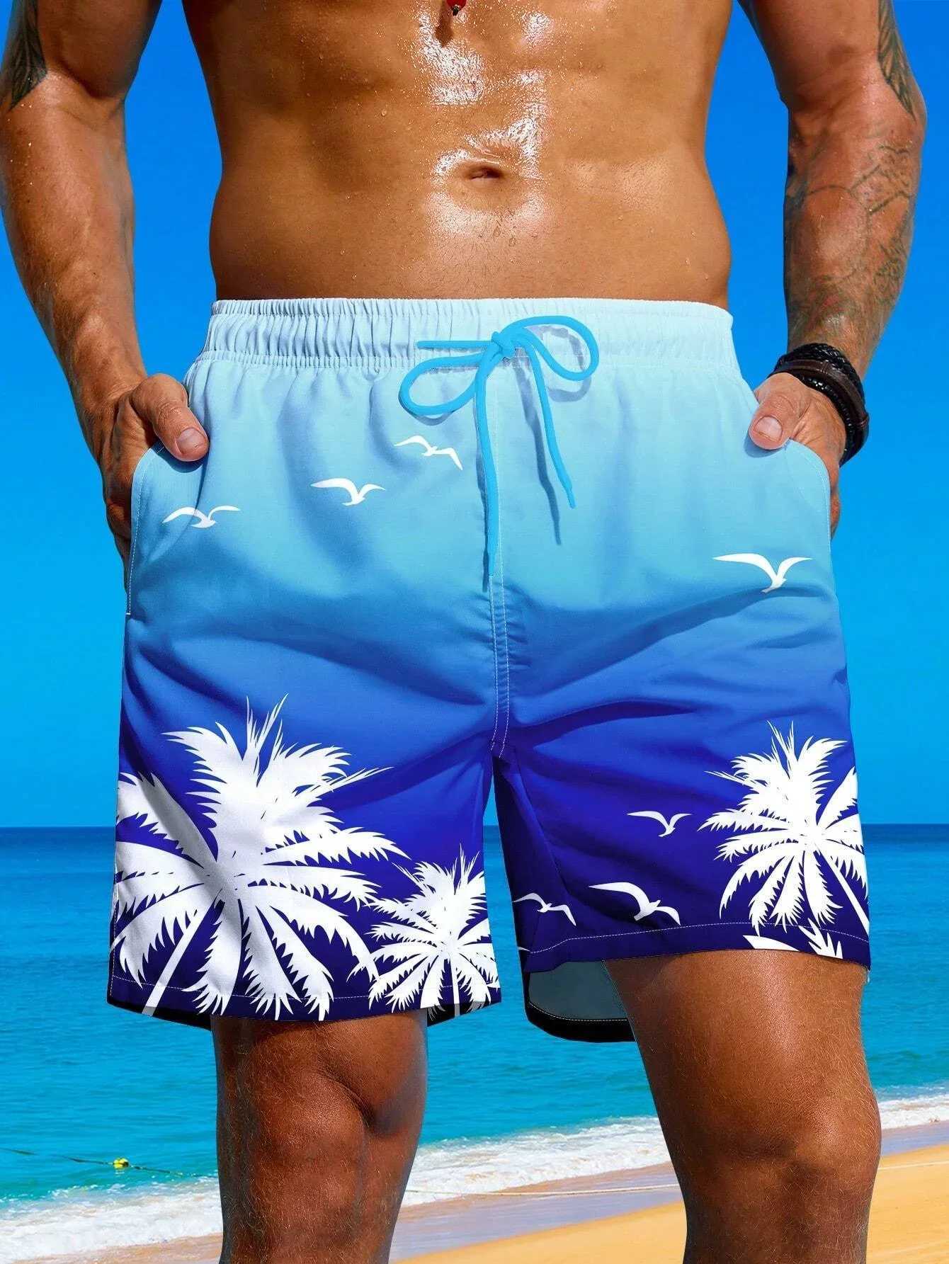 Mens loose and quick drying coconut tree shorts are suitable for summer mens and womens 3D printed casual loose sports shorts N260310