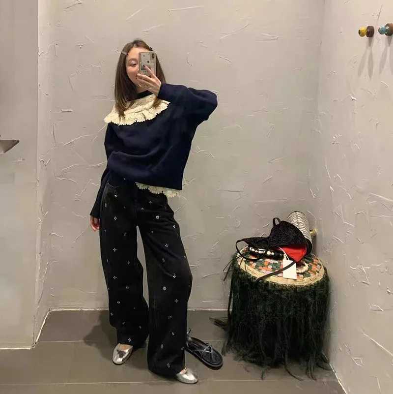 Women 2025 Spring and Summer New Style Half Elastic Waist Double Color Nail Diamond Decorative Denim Straight PantsT260310