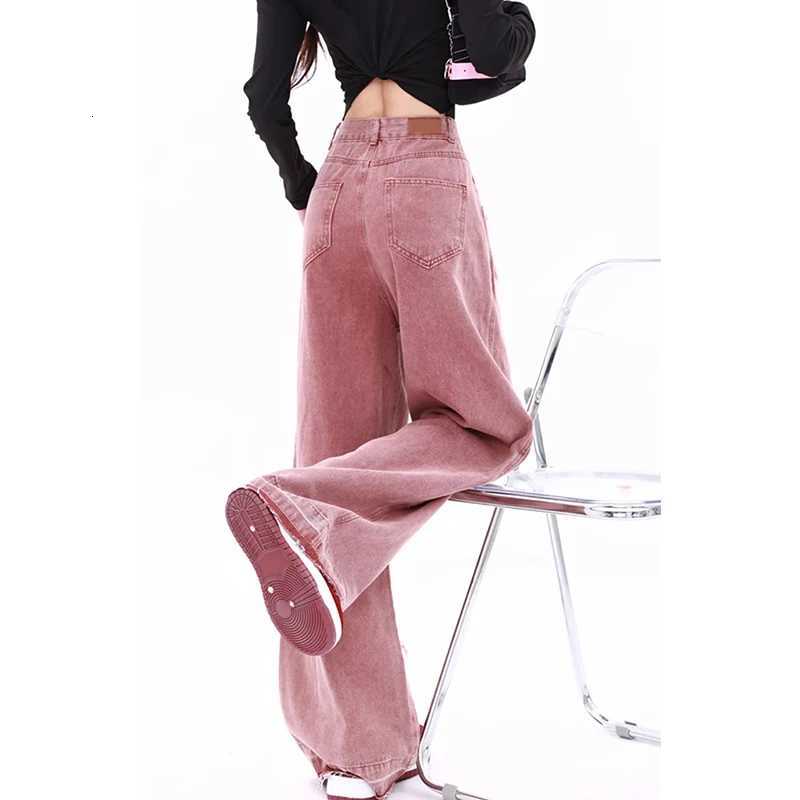 Women Streetwear Pink Jeans Vintage Star Print High Waisted American Retro Wide Leg Denim Pants Hip-hop Straight Y2K TrousersT260310