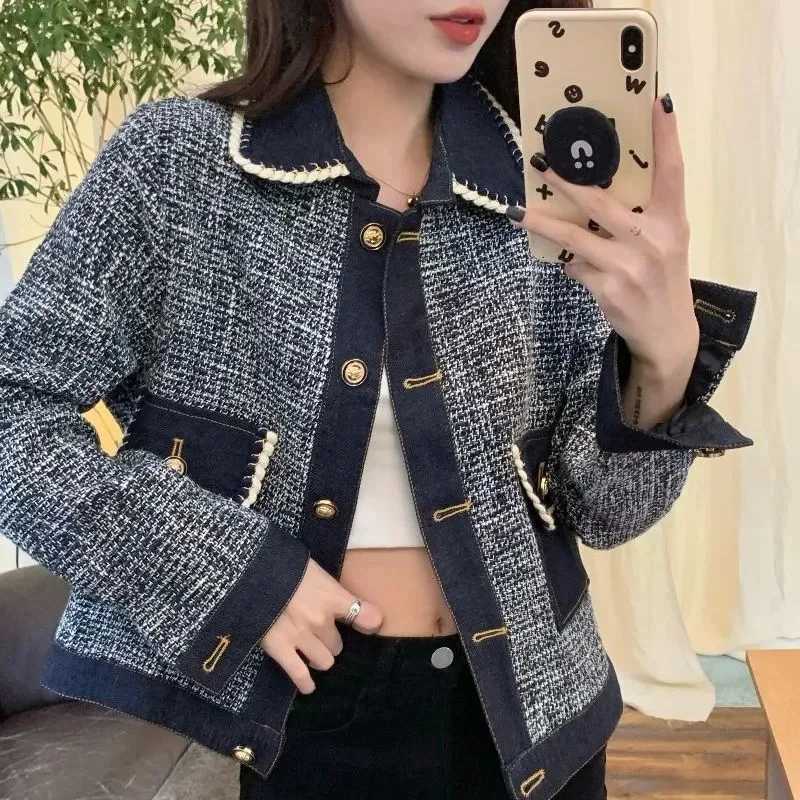 Xiaoxiangfeng Denim Coat Womens Short 2023 New Spring and Autumn Vintage Hong Kong Style Celebrity Thousand Bird Plaid Top TideT260310