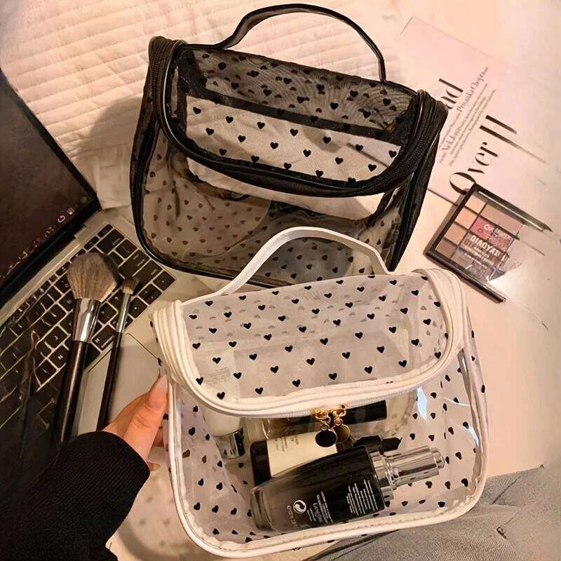 1pc Large Capacity Heart Mesh Makeup Bag Frosted Transparent Cosmetic Toiletry Organizer Travel Pouch for Office Home or Daily XJ260310