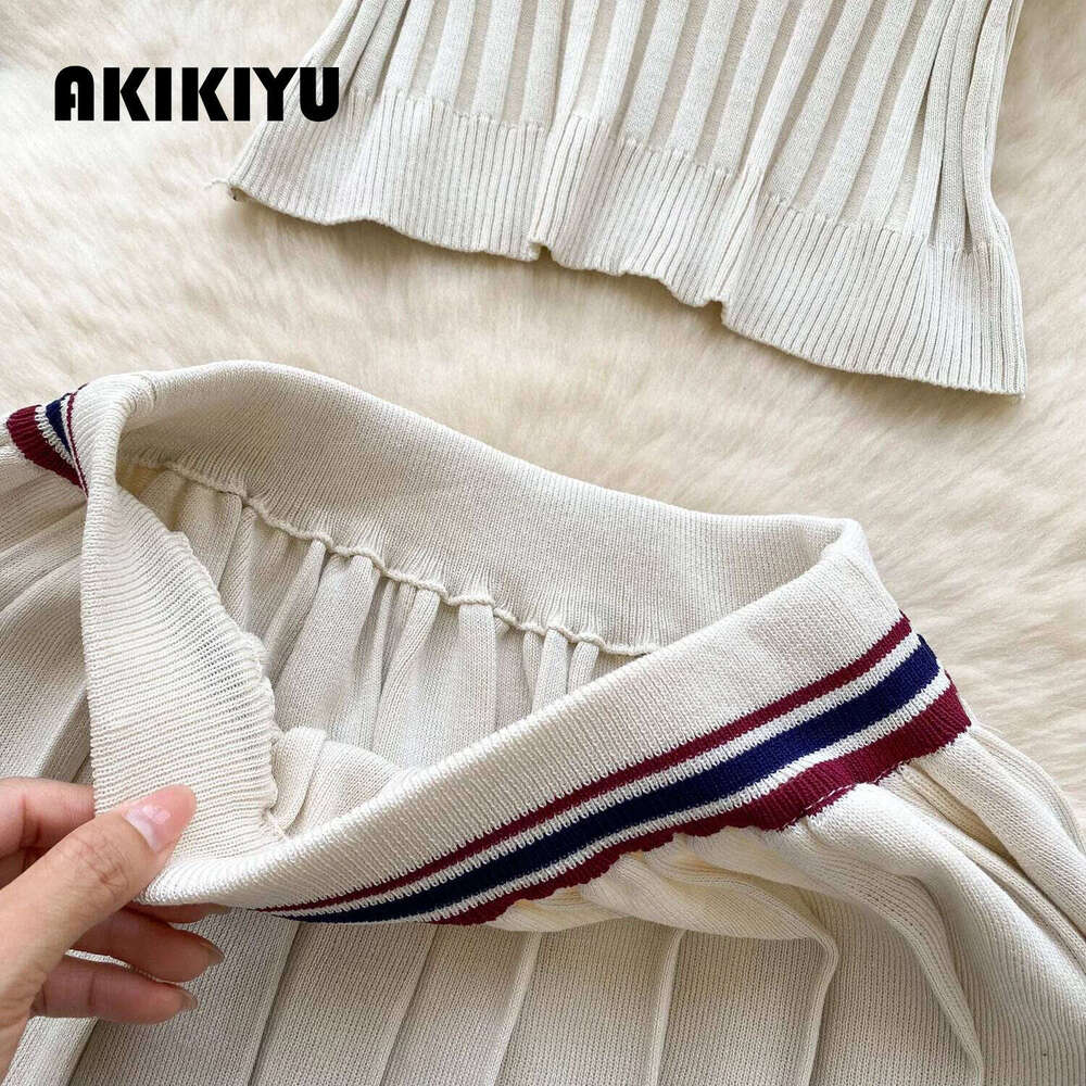 New Korean College Style Knit 2Pcs Suit Polo Neck Short Sleeve Tops+Pleated Skirt Women Summer Color Block Vintage Set AKIKIYU