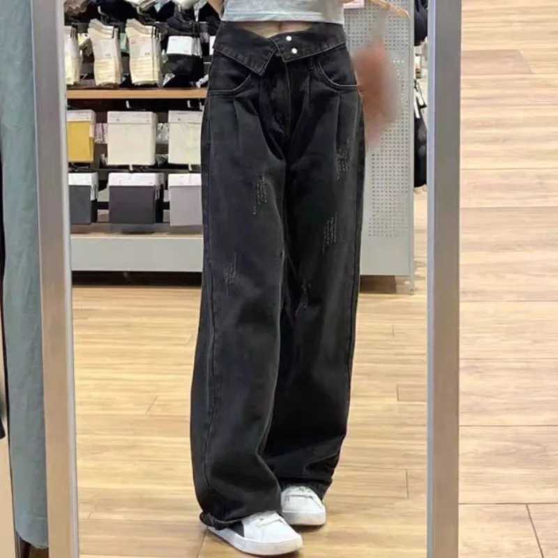 Hight Waist Denim Pant Women Jeans Vintage Straight Trousers Jeans Autumn Spring Fashion Female Black Casual Wide Leg Pants M260310