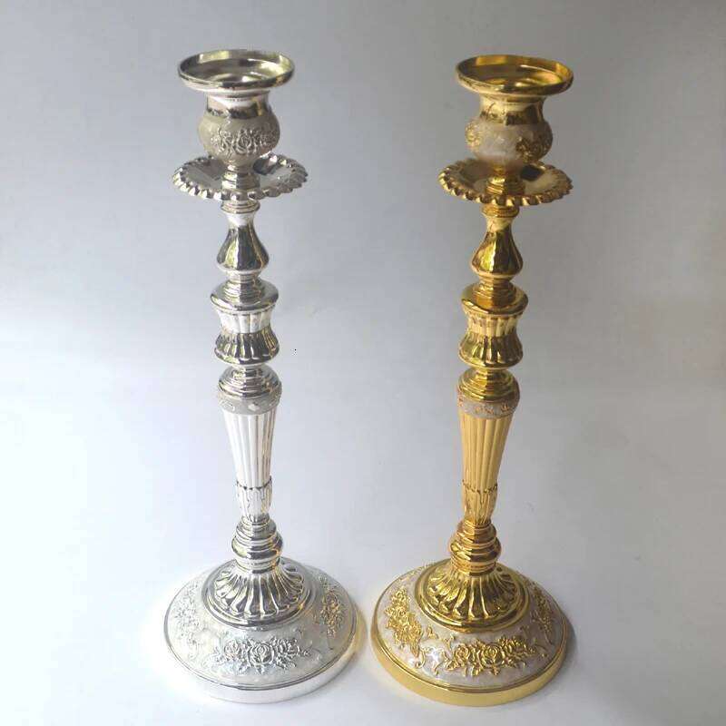European Rose Flower Design Gold Silver Plating With White Hand Enameled Tabletop Metal Alloy Stick Candle Holders Pair H260310