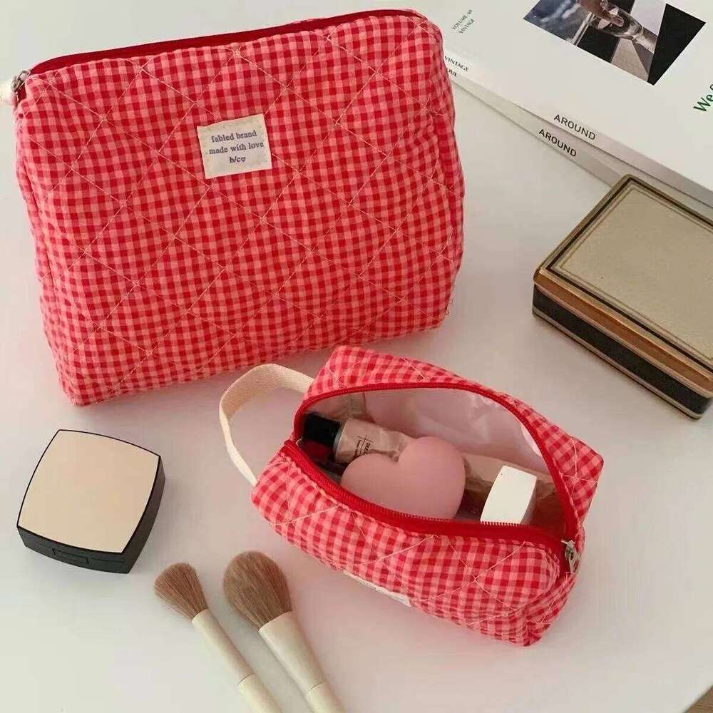 Women Large Capacity Checkered Cosmetic Girls Cotton Skincare Brushes Storage Portable Travel Toiletry Makeup Bag XJ260310