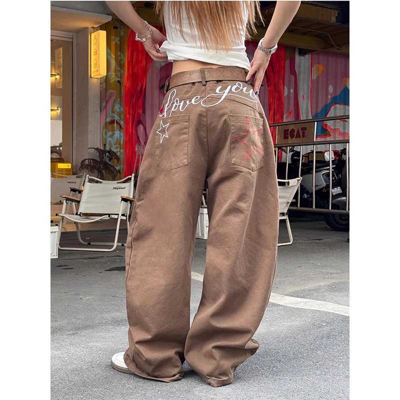 Women Streetwear Letter Embroidery Brown Y2k Baggy Jeans 2025 Harajuku Vintage Denim Trousers Japanese 2000s Boyfriend Pants M260310