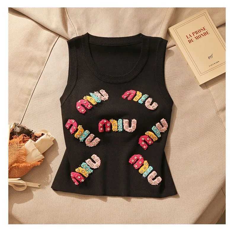 Spring And Summer New Diamond Embroidery Letter Casual Round Neck Loose Womens Sleeveless KnittedVest Fashion Short T-ShirtT260310