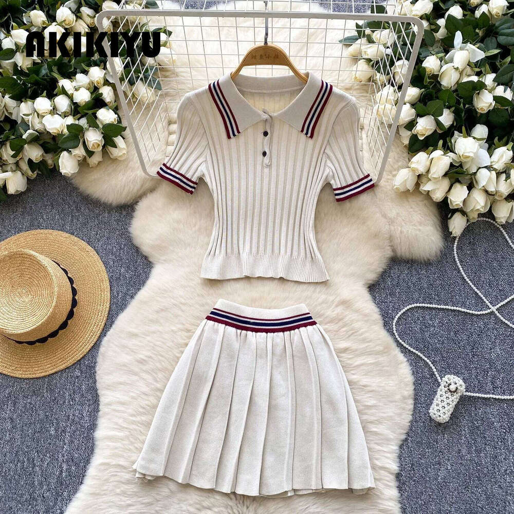 New Korean College Style Knit 2Pcs Suit Polo Neck Short Sleeve Tops+Pleated Skirt Women Summer Color Block Vintage Set AKIKIYU
