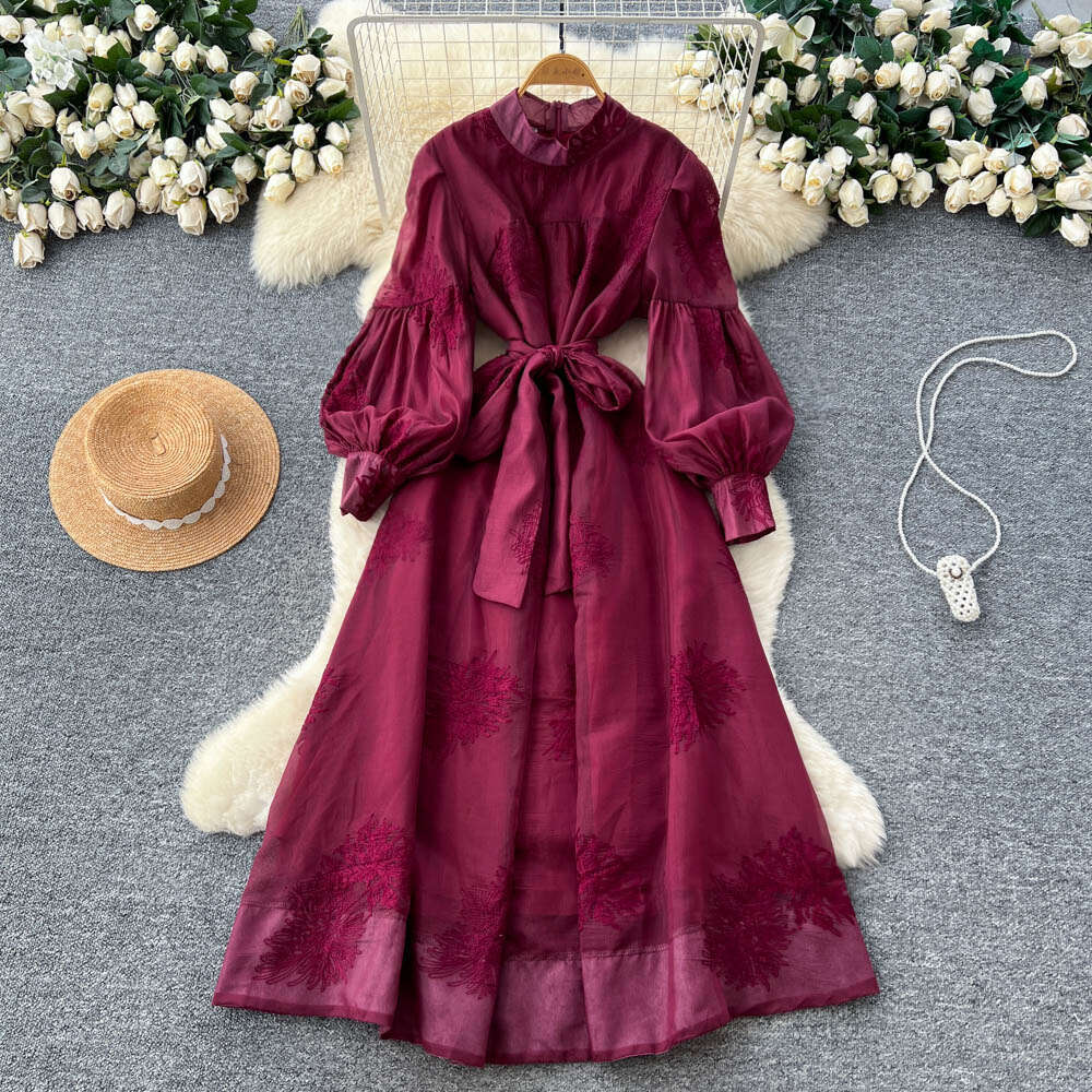 French elegant women's dress autumn series high-end tie waist lantern sleeves exquisite embroidery big hem
