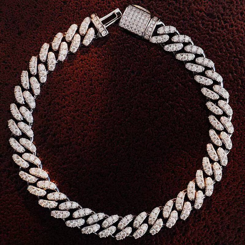Cuban Chain Silver Plated 18k Gold 2-row Stone Cuban Chain 10mm7-26in Hip Hop Moissanite Necklace