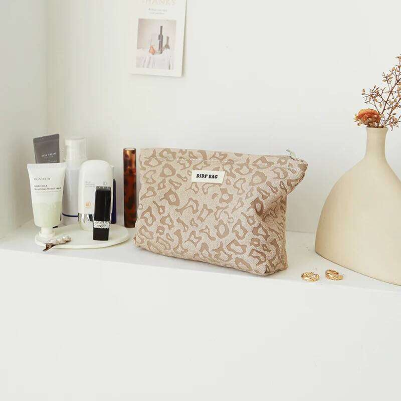 Women's cosmetic large capacity leopard print khaki travel toiletry fashion storage bag, ins style XJ260310