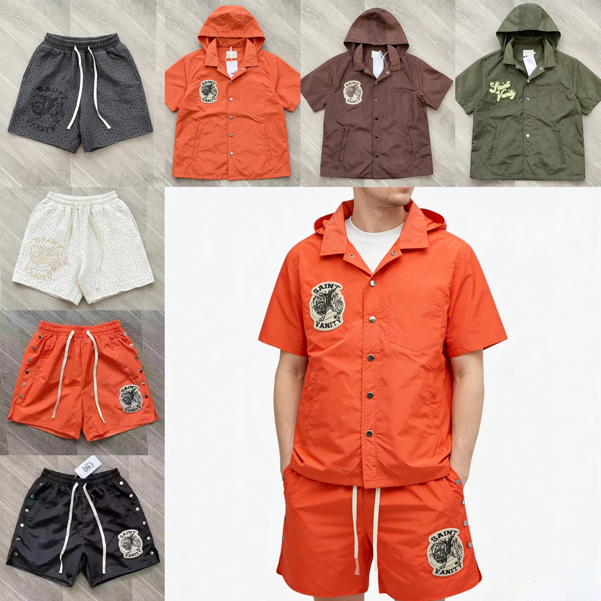 Men's Shorts Cotton Orange Black Green Brown SAINT Embroidery Rivet Zipper Pockets Men Women Drawstring V-shape Shortpant Patch Label