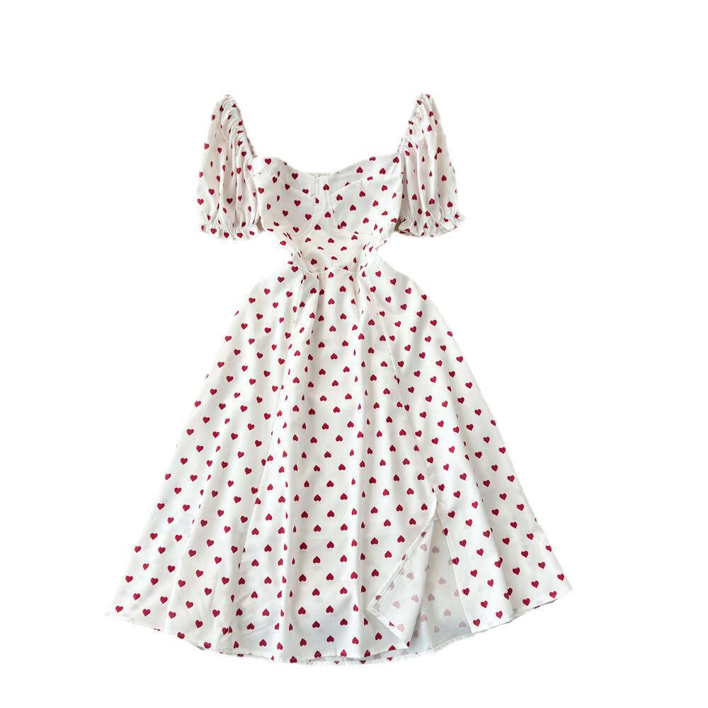 Kikyo Lady's First Love Gentle Lady Short Sleeve Square Neck Waist Tightening Split A-line Heart Printed Dress
