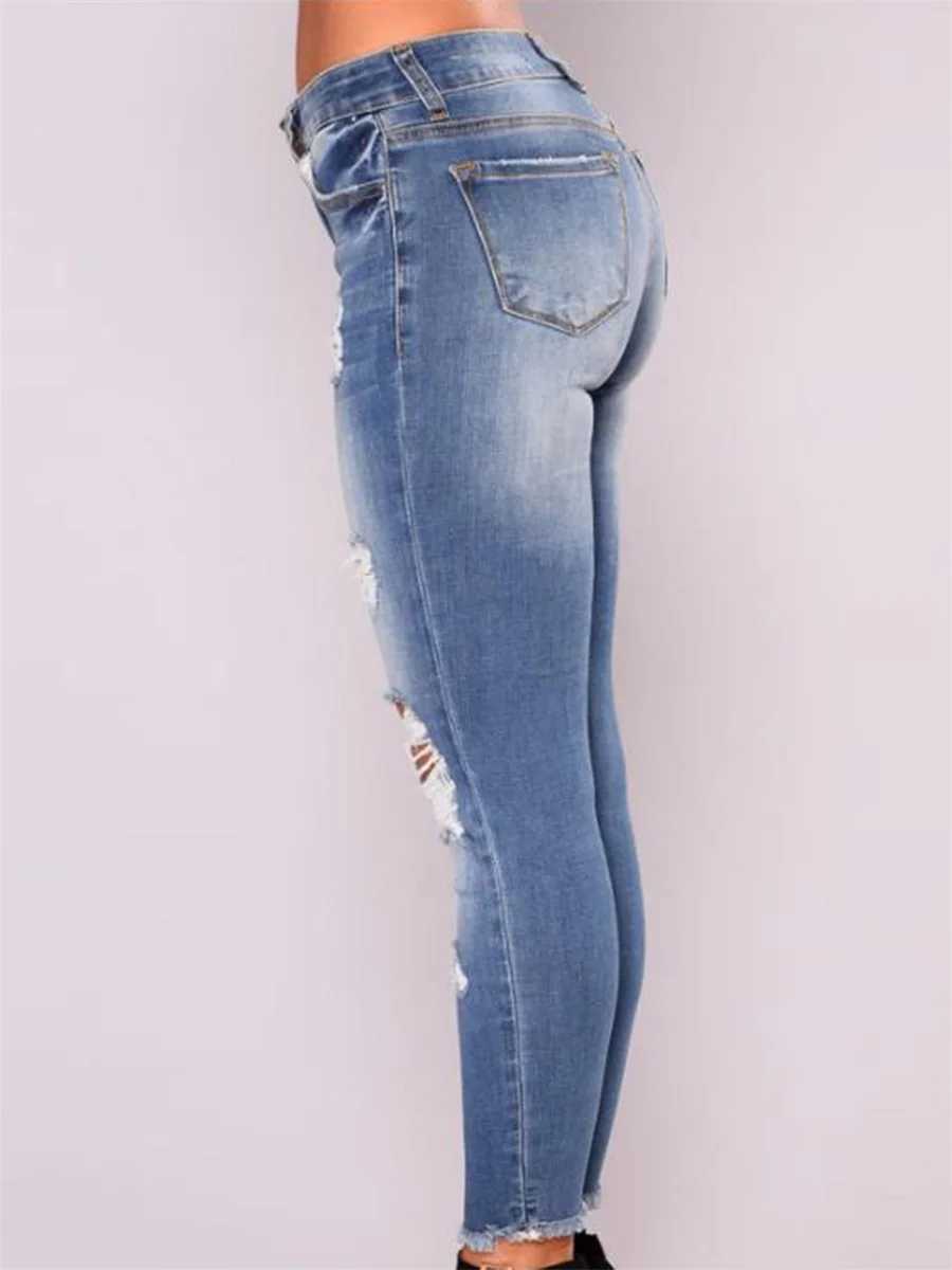 Ladies High Waist Skinny Jeans Stretch Ripped Denim Pants Distressed Cropped Trousers Casual Streetwear Fashion M260310