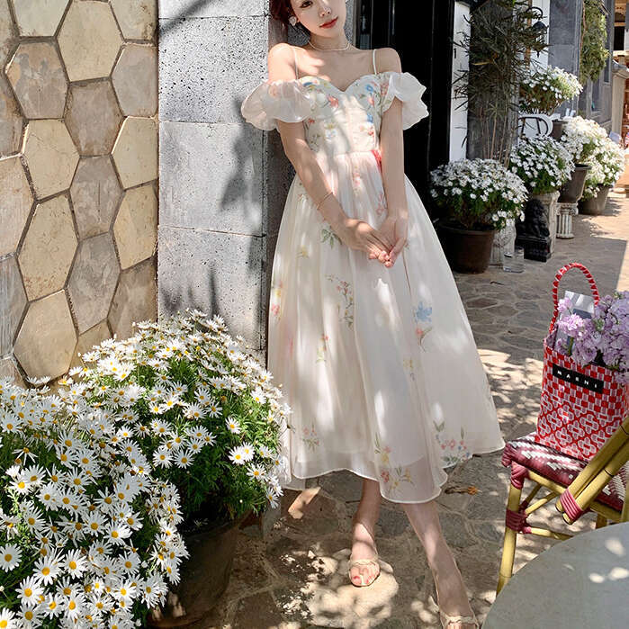 Designer Off Shoulder Puff Cuff Flower 2025 Spring/Summer French Style Elegant Women's Long Dress