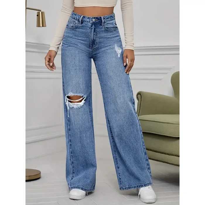 Hole Jeans Women Denim Wide Leg Pants Vintage Distressed Ripped Trousers 2025 Streetwear High Waist Washed Pockets Floor Length M260310