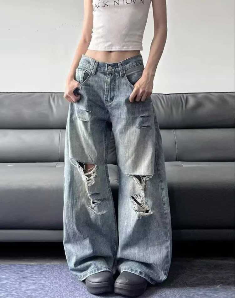 2025 Summer High Waist Ripped Womens Blue Jeans American Vintage Streetwear Y2K Wide Leg Jean 2000s Trouser Baggy Denim Pants M260310