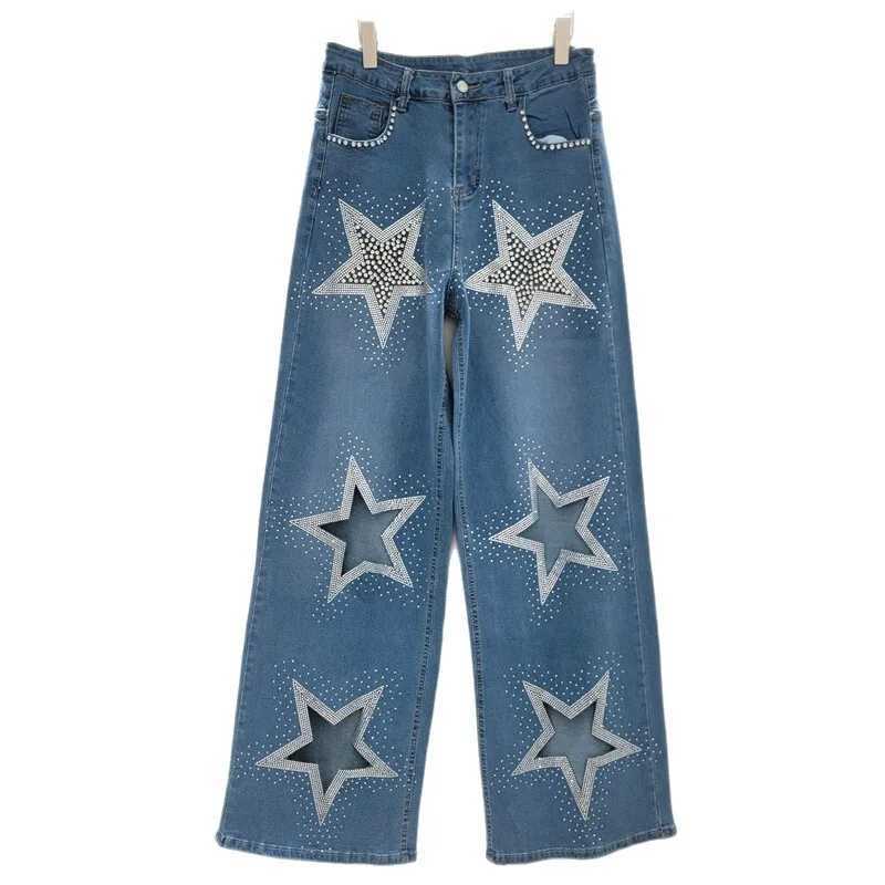 ANJY Autumn New Women Jeans Heavy Craft Studded Diamonds Hollow Out Star Straight High Street Trendy Denim Wide Leg Pants A10277T260310