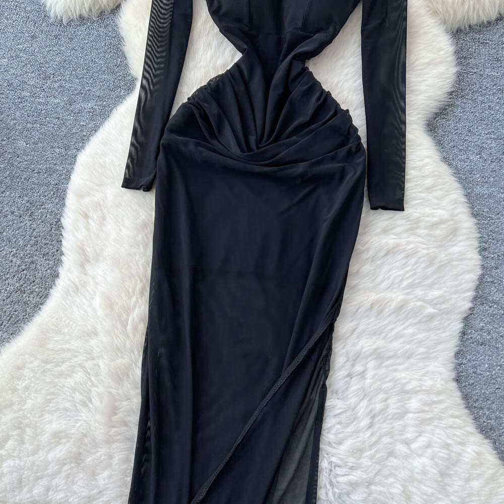 New Chinese style women's clothing 2026 autumn and winter elegant and sexy hollow out stand collar mesh long sleeved slit