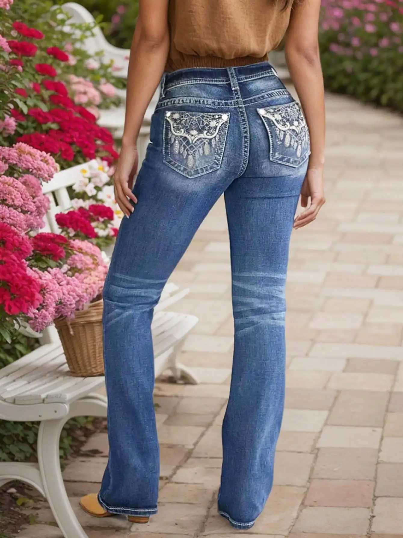Womens Embroidered Flare Jeans - Stylish High-Waisted Denim with Unique Stitching Detail M260310