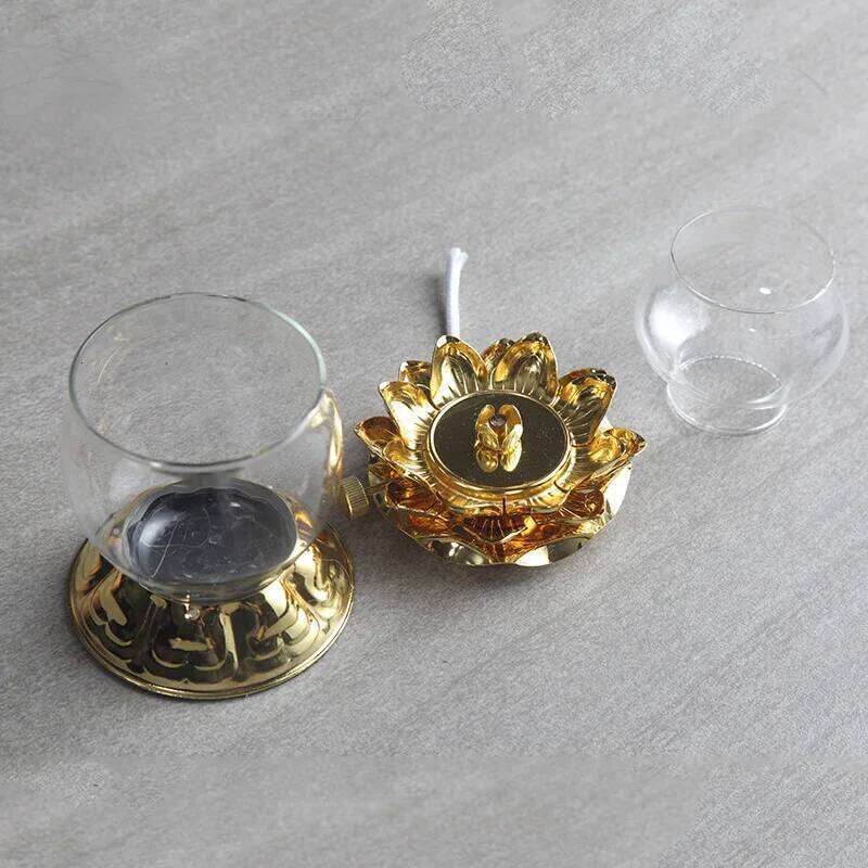 Golden Oil Lamp For Buddhist With Glass Windproof Cover Religious Items Buddha Decoration H260310