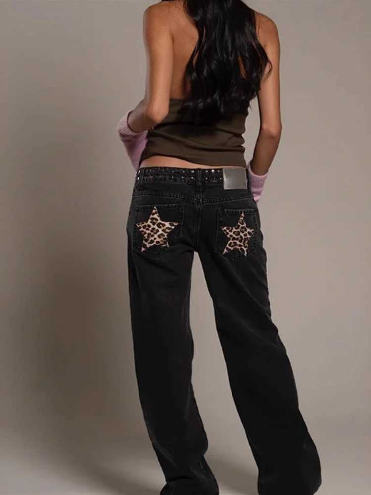 Deeptown Y2k Black Vintage Leopard Star Patchwork Women Jeans Punk American Style Denim Trousers Straight Baggy High Street M260310