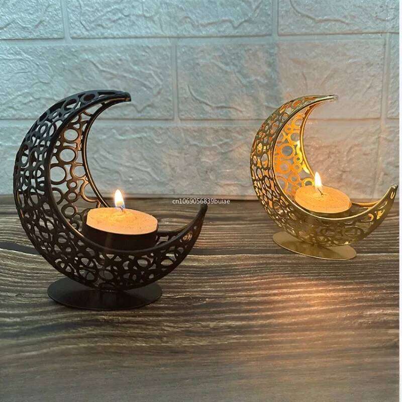 11.2CM Light Luxury Crescent Star Moon Black Gold Metal Holder Modern Romantic Wedding Christmas Candle Cup H260310