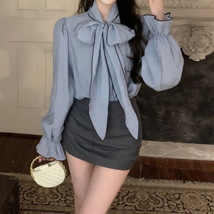 Blue Bow Tie Bell Sleeve Shirt for Women Spring and Autumn New Loose Korean Style Shirt with Unique Design 210317