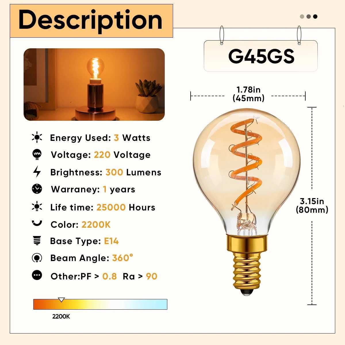 Retro Mini Globe G45 E14 Led Bulb Light 220V 3W Warm White Dimmable Amber Glass Night Lights Pendant Indoor Spiral Filament Lamp H260310