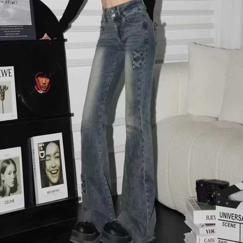 New retro high waist solid color micro-flare women jeans y2k fashion street clothing slim and slim stretch flared pants M260310