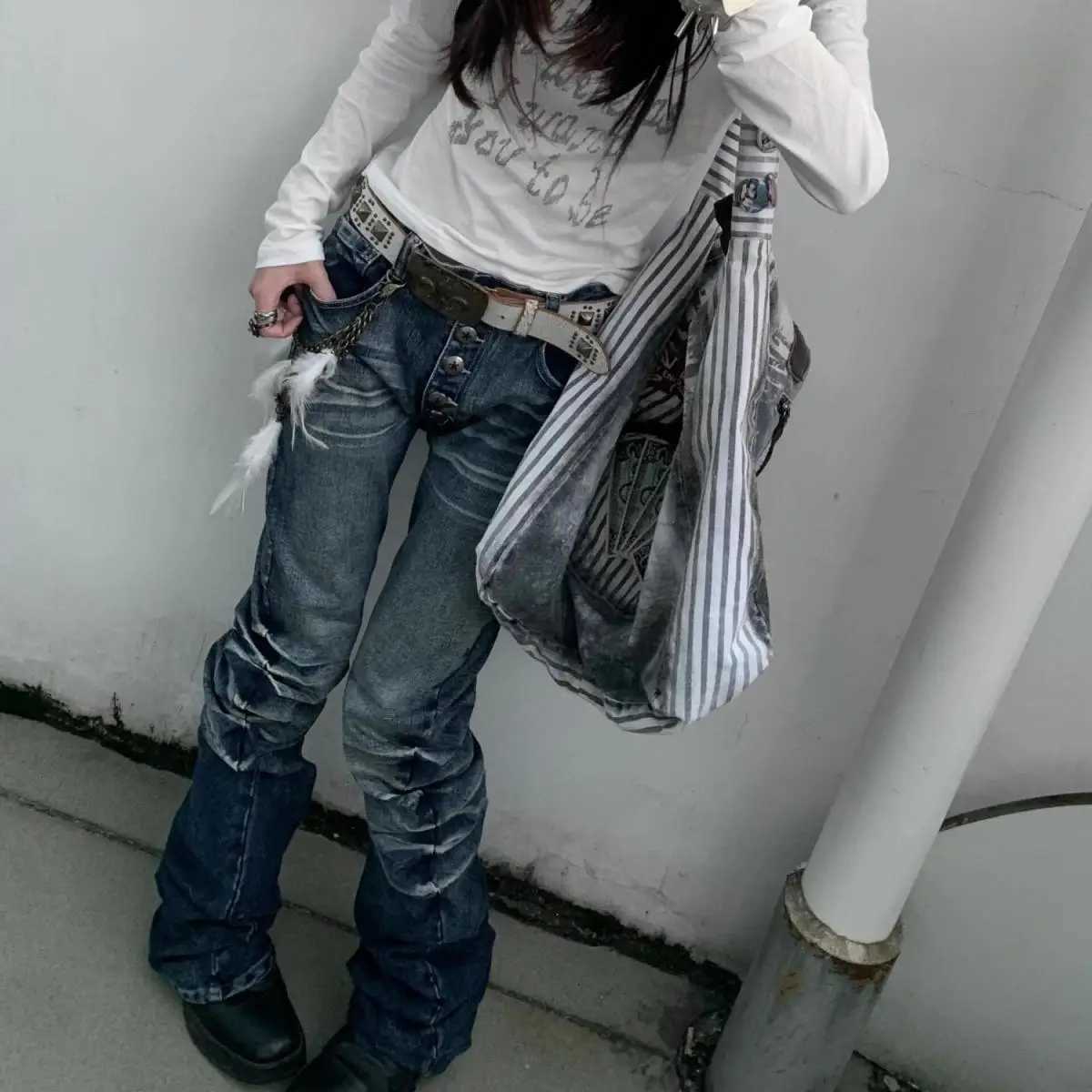 Washed Distressed Vintage Flared Jeans Women High Street Straight Denim Pants American Retro Harajuku Hip Hop Y2k Trousers M260310