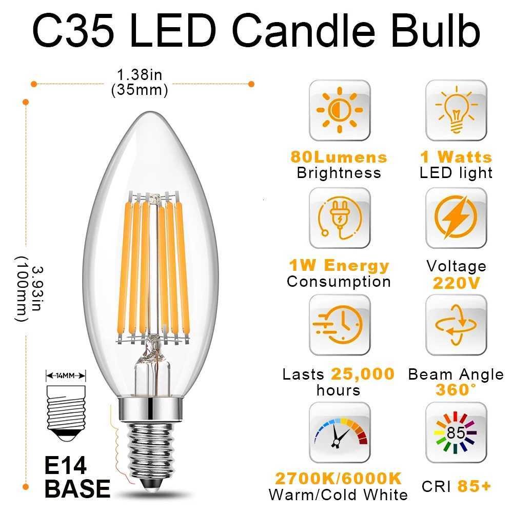 Candle C35 E14 4W 6W 220V Led Light Bulbs Warm White Dimmable Replaceable Pendant Chandelier Indoor filament lamp Decor Home H260310
