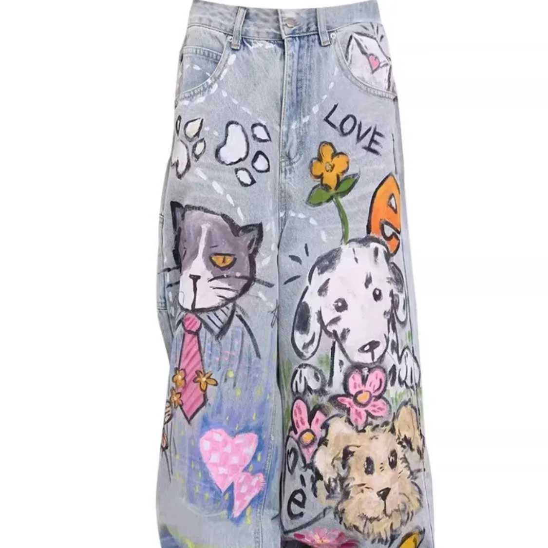 Doodle-printed Jeans American Casual Style Vintage Straight-cut Loose-fitting High-street Wide-leg Pants Y2k Baggy Jeans Ladies M260310
