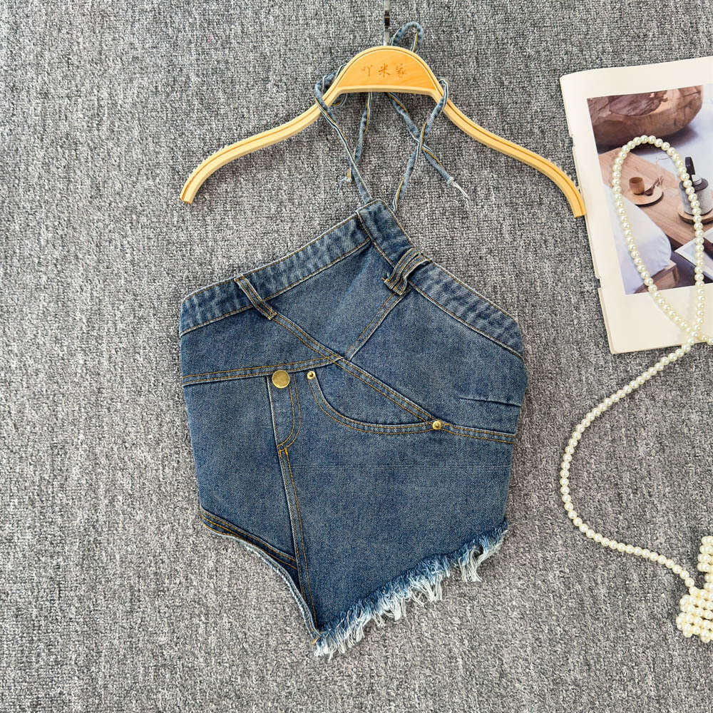Women's crossover American denim camisole, spring and summer lingerie, sexy backless design, slim and fashionable