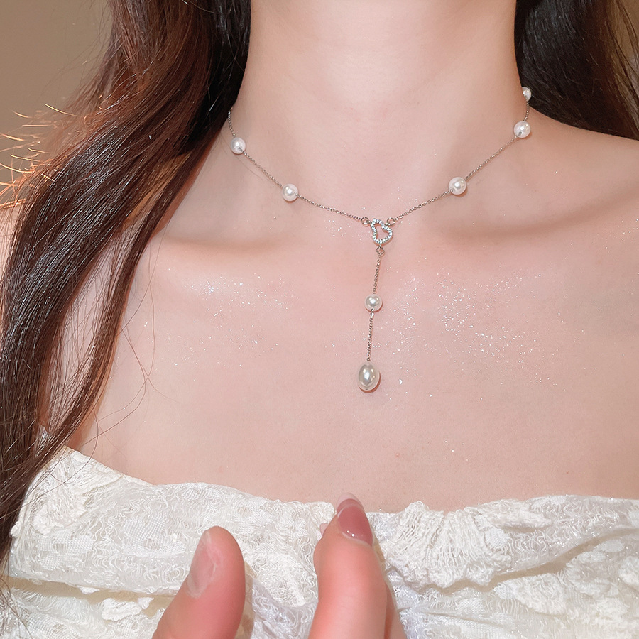 French-style zircon gourd pearl necklace, simple and fashionable, suitable for daily commuting, versatile collarbone chain with a unique design, niche - view 3