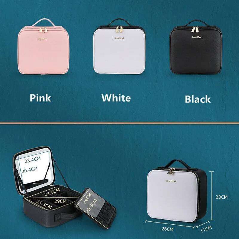 New LED Lighted Cosmetic Case with Mirror PU Leather Portable Travel Makeup Storage Bags XJ260310