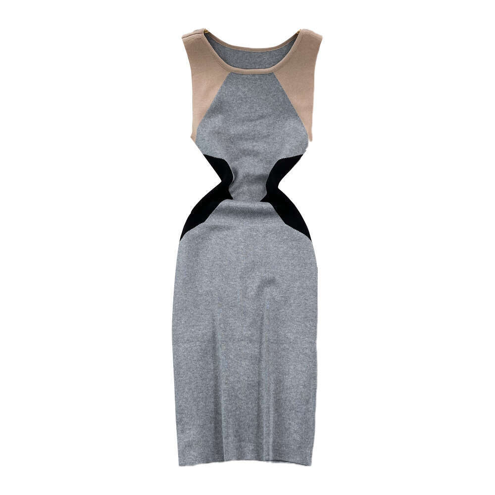 2026 Korean style chic color blocked round neck vest summer new slim fit sleeveless knitted tight fitting dress
