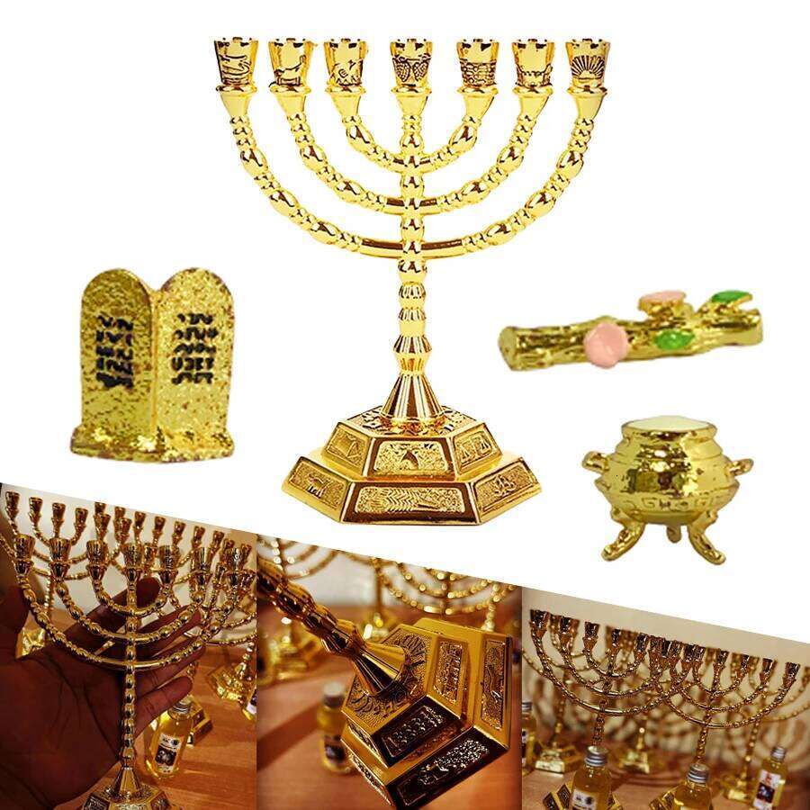 Jewish Religious Decor Set - 7-Branch Menorah, Torah Tablets, Golden Calf, Aarons Rod Replica for Hanukkah & Synagogue H260310