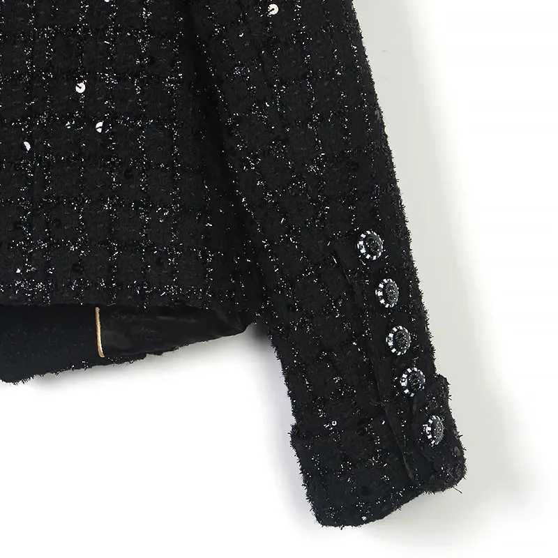Black Sequins Wool Tweed O Neck Short Coat Small Fragrance Casual Fashion Pockets Korea Chic Daily Women Jacket Autumn WinterT260310