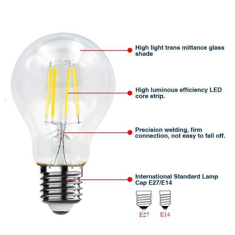 6Pcs Retro Edison E27 E14 LED Filament Lamp AC 220V Light Bulb C35 G45 A60 ST64 G80 G95 Lampada Glass Bulb Vintage Candle Light H260310