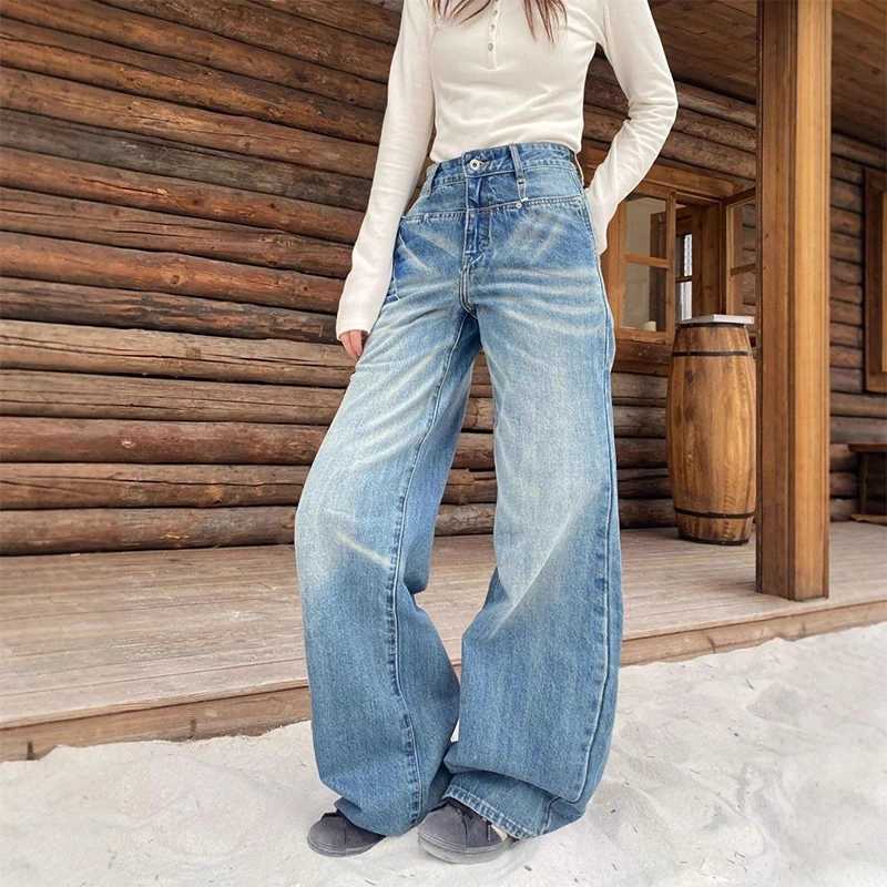 European and American RETRO Washed Blue Low Rise Jeans for Women 2025 Winter Y2k Millennium Style Spicy Slimming Floor Pant M260310