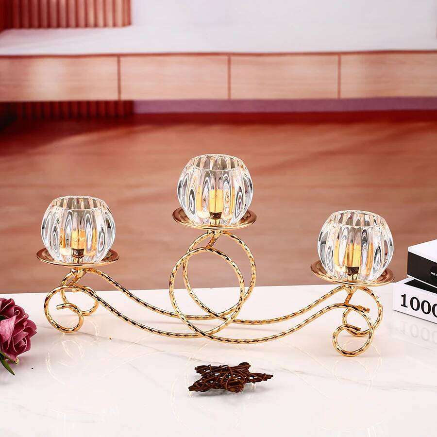 1pc 3 Arms Golden Metal Votive Candle Holder Candelabra, Vintage Candlestick for Table Centerpiece Wedding H260310