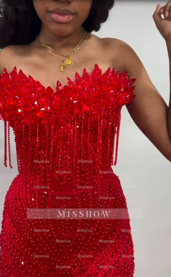 Luxury Red Mermaid Strapless Beaded Prom Dress with Veil For Black Girls 2026 Evening Gala Gowns Robe de soiree Lux BC22059
