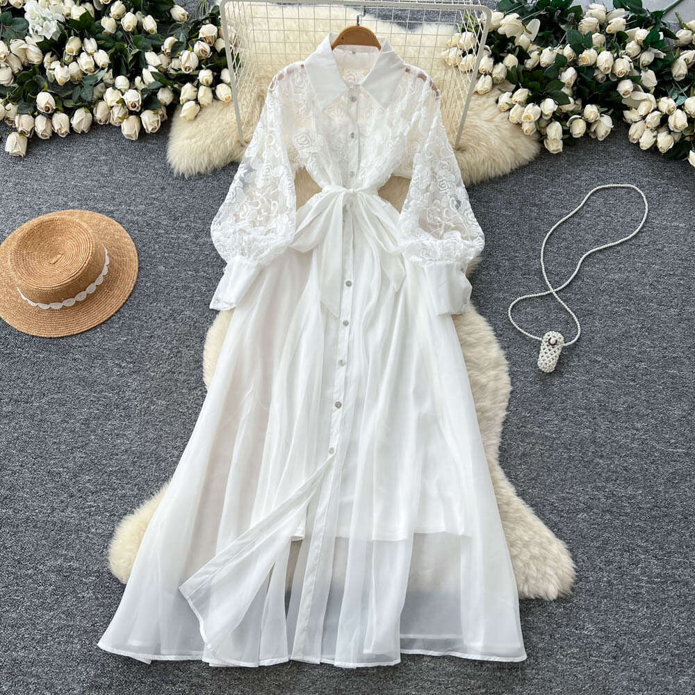 2026 French high-end elegant women's long skirt autumn fashion lace long sleeved patchwork tie waist mesh dress