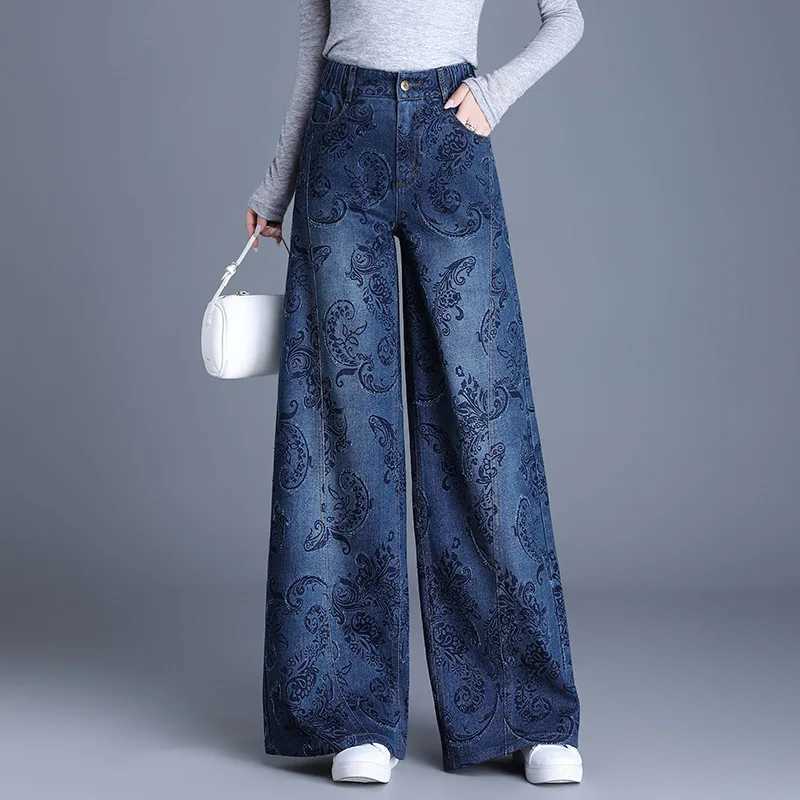 2025 Womens Spring and Autumn High Waist Jacquard Wide Leg Jeans Loose Fashionable and Comfortable Large Straight M260310