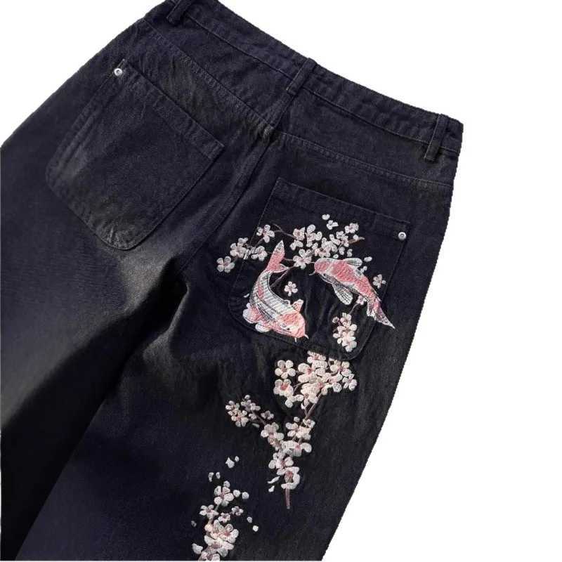 Unisex Jeans Harajuku European American Streetwear Embroidered Denim Pants Vintage Floral Loose Fit Straight Wide Leg Casual New M260310